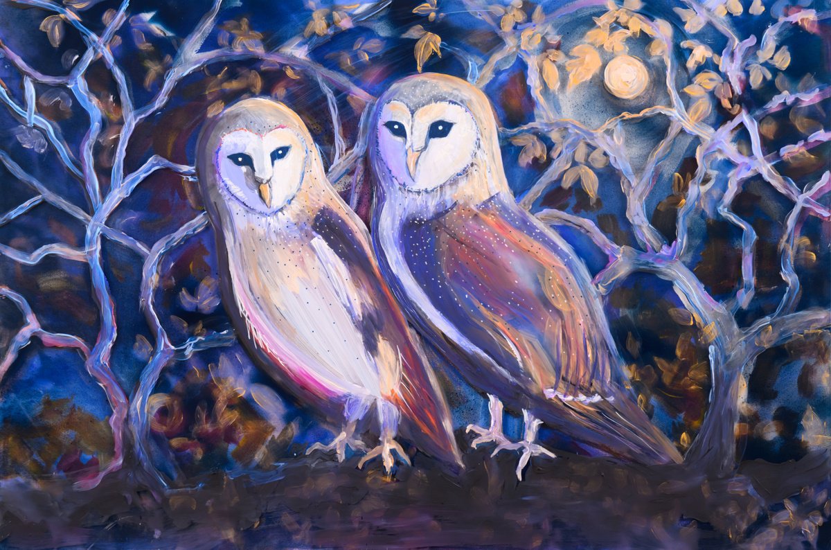 Impressionistic Animal Painting By Eliry Arts, 36 X 24, Two Owls-Blue Night, Original Artwork