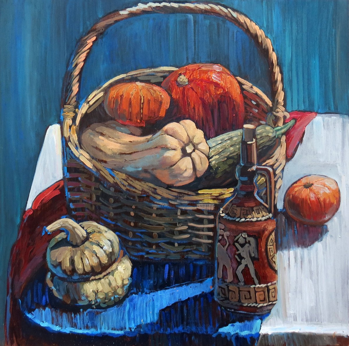 It was a good summer. Still life with a harvest of pumpkins and wine. by Maria Barkovskaya