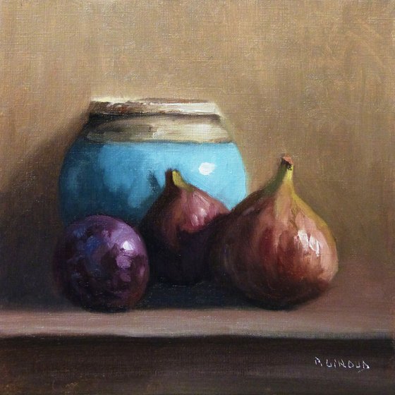 2 Figs, a Plum and a Blue Pot