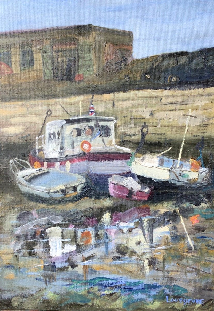 Impressionistic Landscape Oil Painting By Julian Lovegrove Art, 10 X 14", Margate Boats And Reflections,, Original Artwork