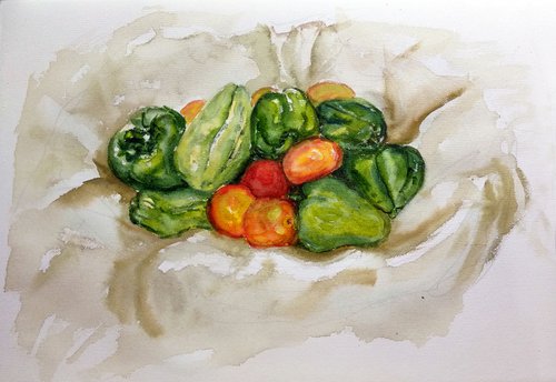 Still life painting of a basket of vegetables 28 by Asha Shenoy
