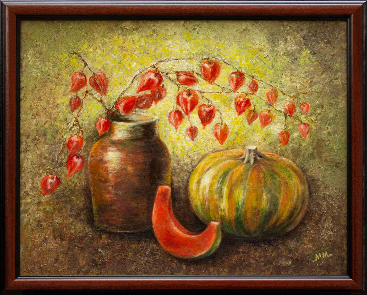 Impressionistic Botanical Oil Painting By Mila Moroko, 22 X 18", Pumpkin And Physalis, Original Artwork