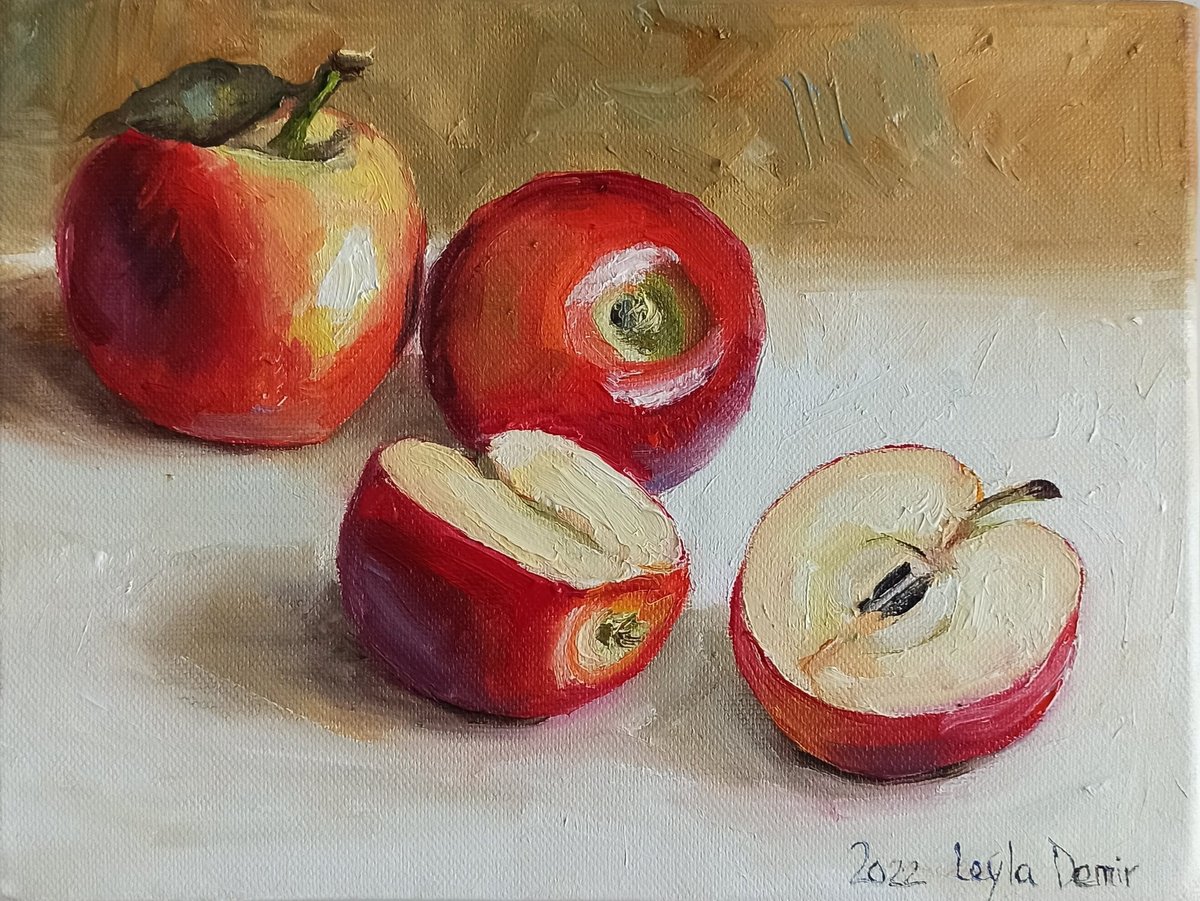 Impressionistic Still Life Oil Painting By Leyla Demir, 9 X 7", Scarlet Red Apple Still Life, Original Artwork
