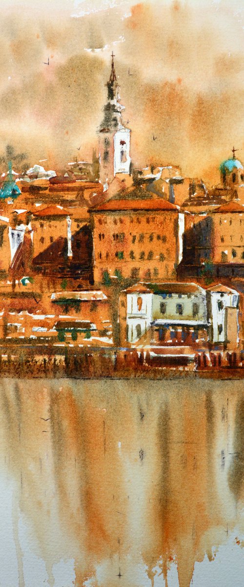 Warm Sava view Belgrade 17x36 cm 2020 by Nenad Kojić watercolorist