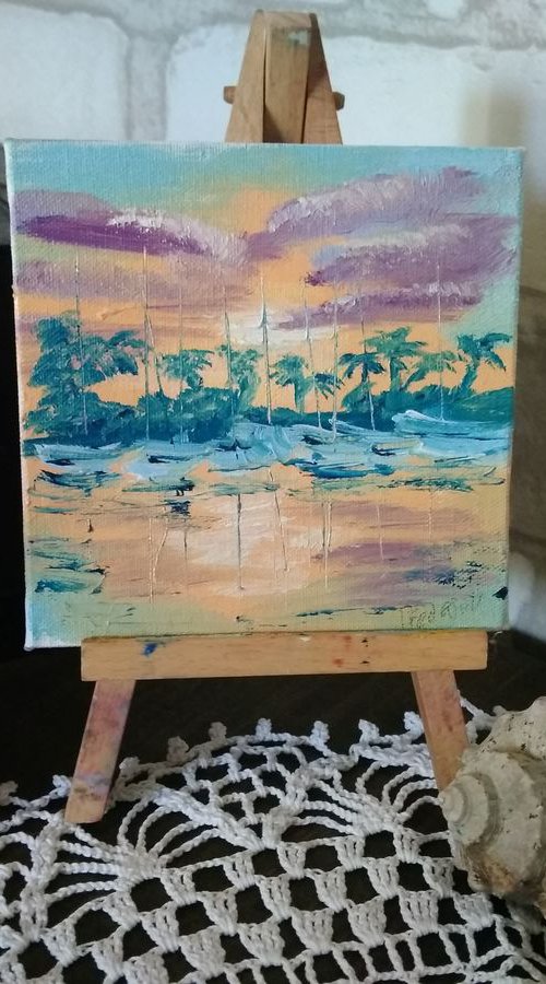 Tropical Sunset and yachts miniature painting by Dmitry Fedorov