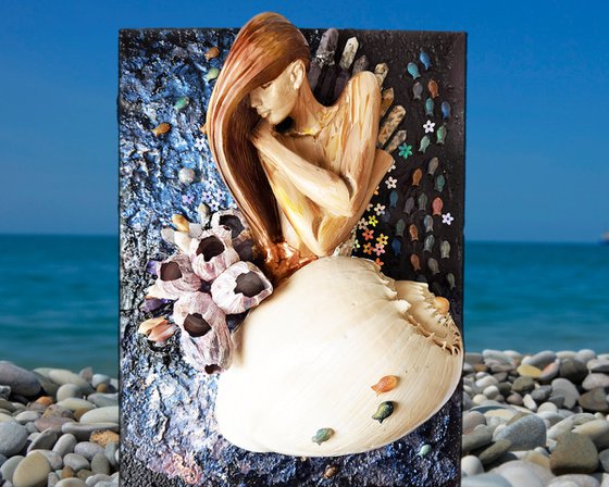Goddess of the sea - wall sculpture painting. Natural coral, precious stones