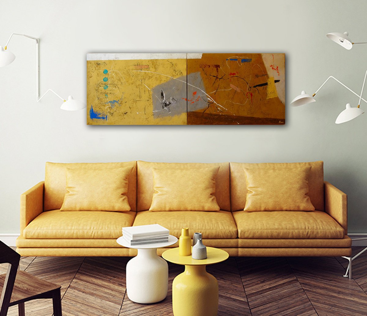 Abstract Acrylic Painting By Rumen Spasov, 55 X 20", "Semantic Of The Signs", Original Artwork