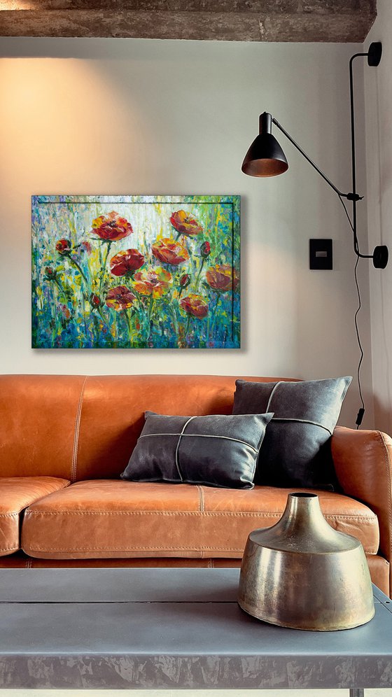 Framed Impressionistic artwork Poppies Etude