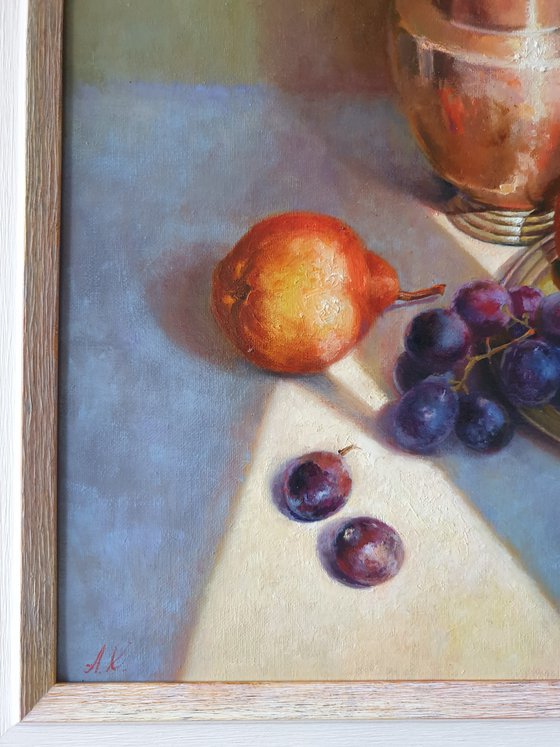"Half an hour before morning tea."   still life fruits pears teapot copper liGHt original painting PALETTE KNIFE  GIFT (2021)