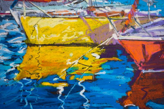 Yellow boat in a harbor. Oil pastel painting. Small painting original yellow red boats sea home decor impressionism nature landscape gift