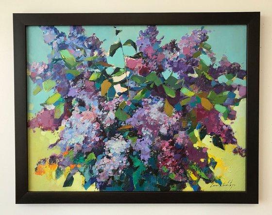Lilacs, Flowers Original oil Painting, Impressionism, Painting on canvas, Framed, Ready to hang