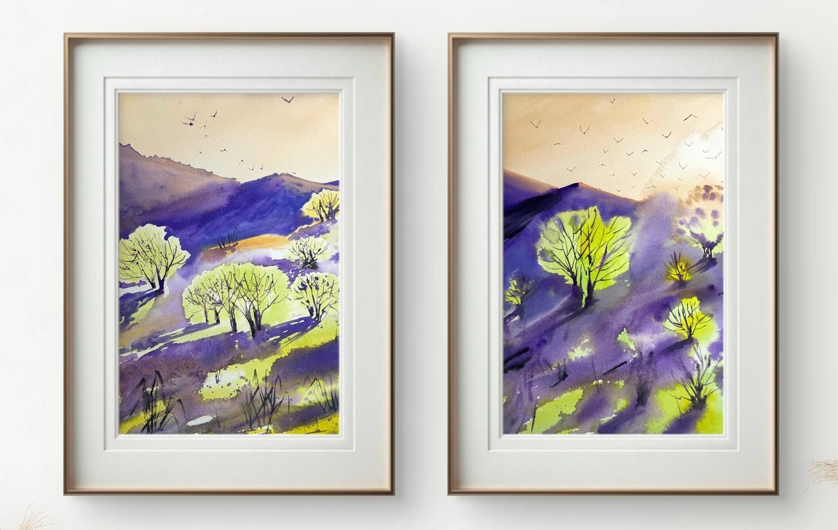 Expressive Watercolour , Diptych Sunrise In The Alps By Yuliia Sharapova, 31 X 20, Artwork For Sale On Artfinder