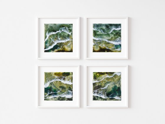 Green lake - set of 4 original seascape painting, polyptych