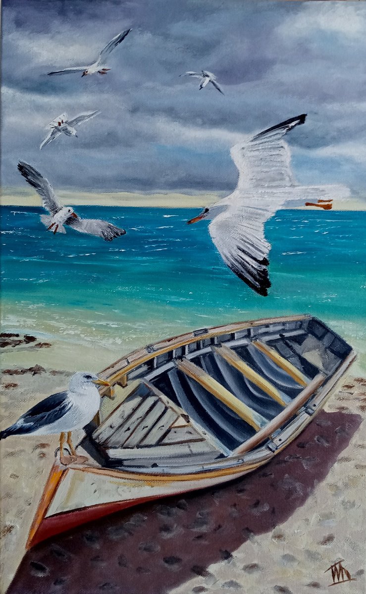 Impressionistic Landscape Oil Painting By Ira Whittaker, 12 X 19, Old Boat, Original Artwork