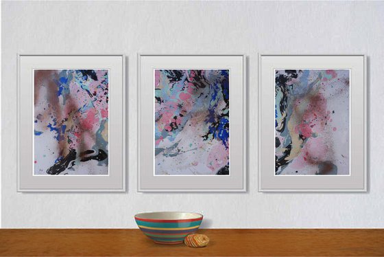 Set of 3 Fluid abstract original paintings on paper A4 - 18J012
