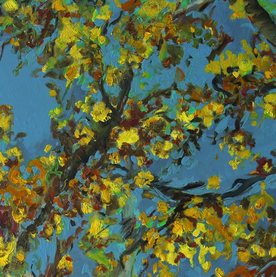 AUTUMN RHAPSODY. RELICT FOREST IN SAMUR - XXL large original painting, oil on canvas,  plants trees, blue yellow, ecology, love, landscape, impressionism,  interior art