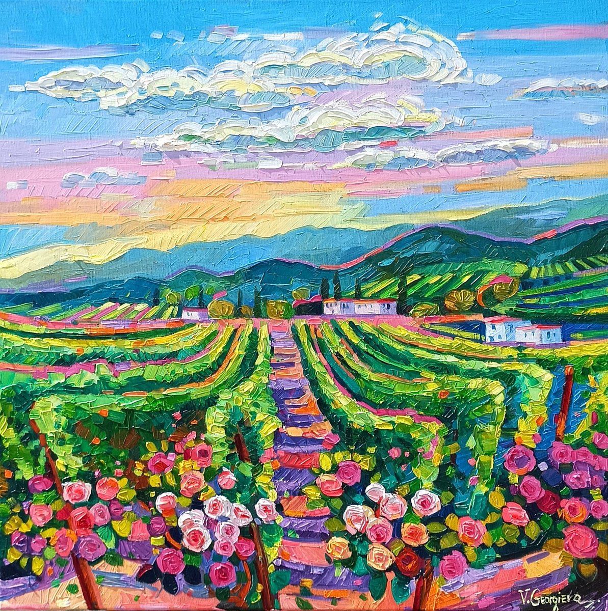 Expressive Landscape Oil Painting By Vanya Georgieva, 31 X 31", Franciacorta Vineyards, Original Artwork