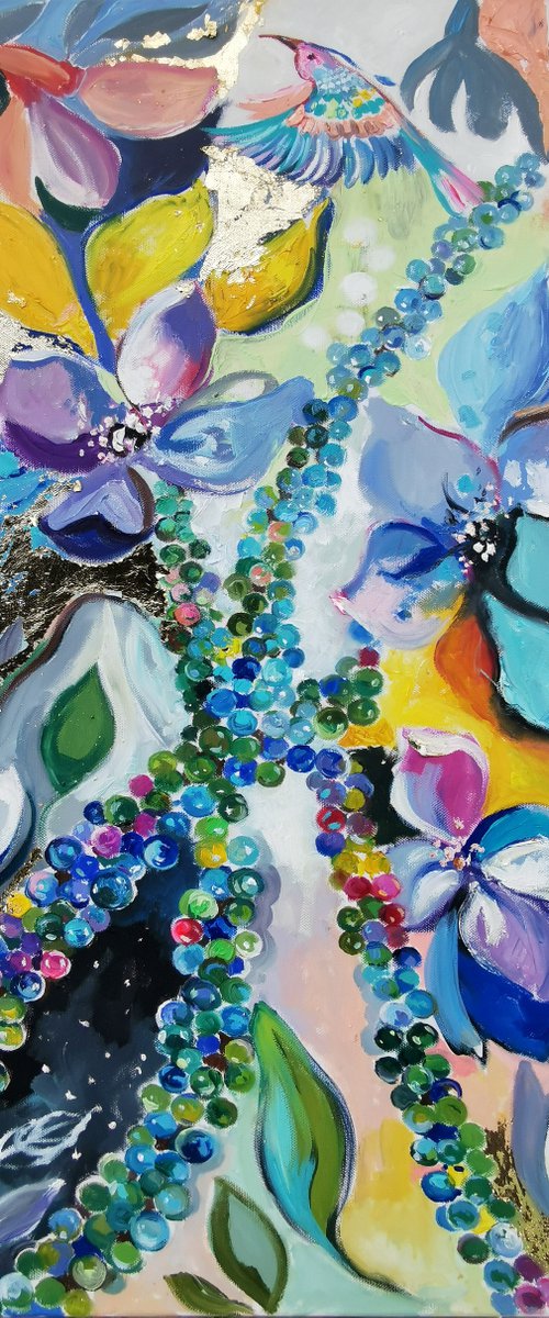 Emerald and blue flowers painting with hummingbird by Annet Loginova