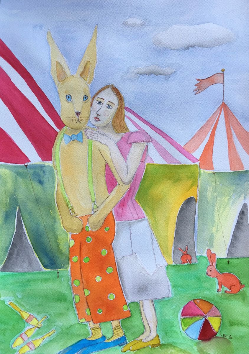 Vintage Circus Woman with giant rabbit Quirky & Figurative by Sharyn Bursic