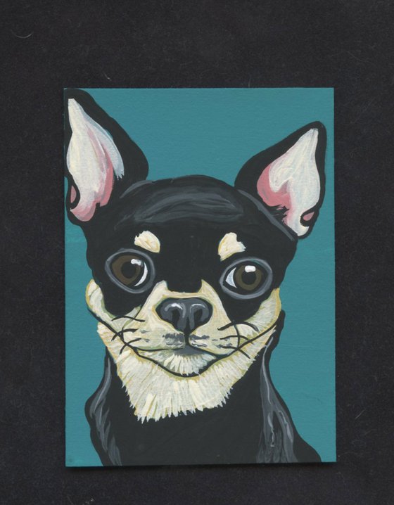 ACEO ATC Original Miniature Painting Black and Tan Chihuahua Pet Dog Art-Carla Smale