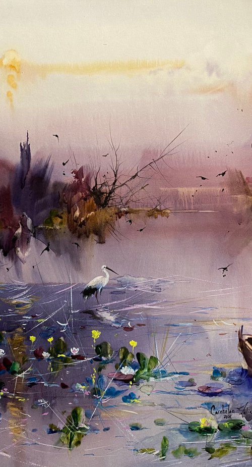 Watercolor “Beautiful sunset” gift for him by Iulia Carchelan