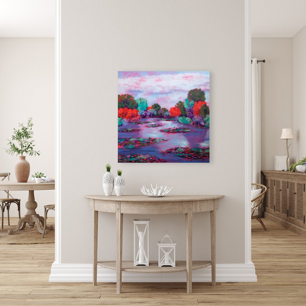 Impressionistic Landscape Acrylic Painting By Karen Rieger, 30 X 30", Sun-Kissed River, Original Artwork