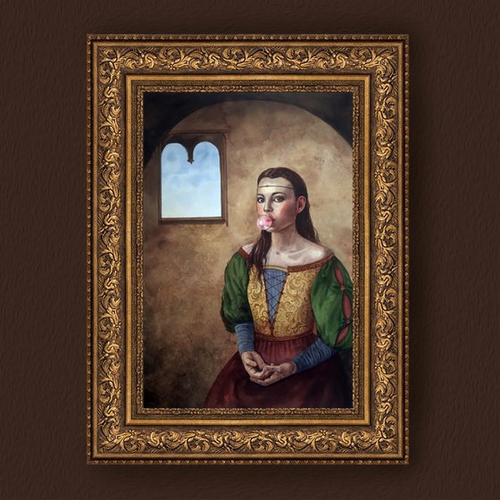 Renaissance Woman Portrait With Bubble Gum - modern renaissance - Leonardo da Vinci style