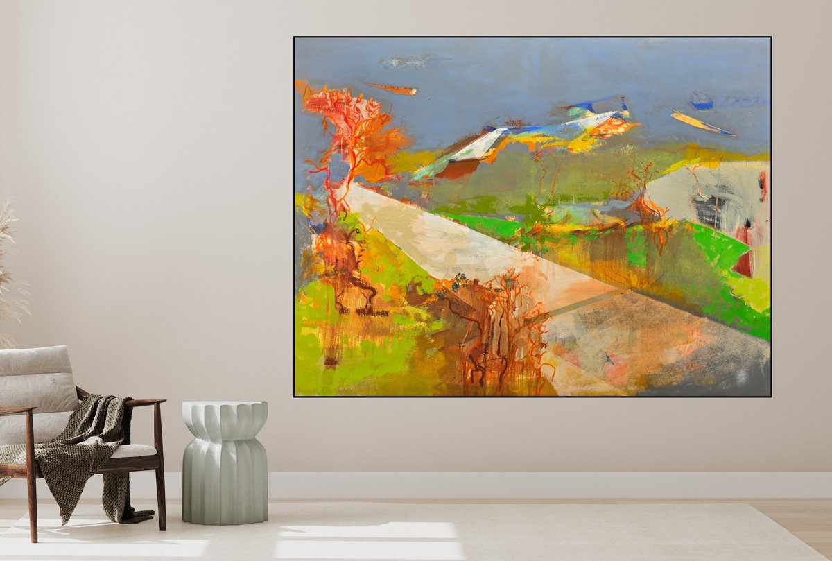 Expressive Landscape Oil Painting By Victoria Cozmolici, 71 X 55", Green Road, Original Artwork