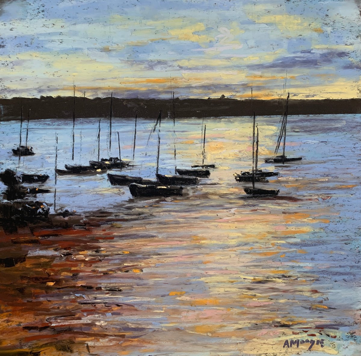 Impressionistic Landscape Pastel Drawing By Andrew Moodie, 16 X 16, Boats In Morning Light, Original Artwork