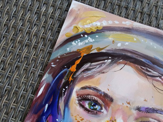 Colorful portrait with a girl. Original oil painting
