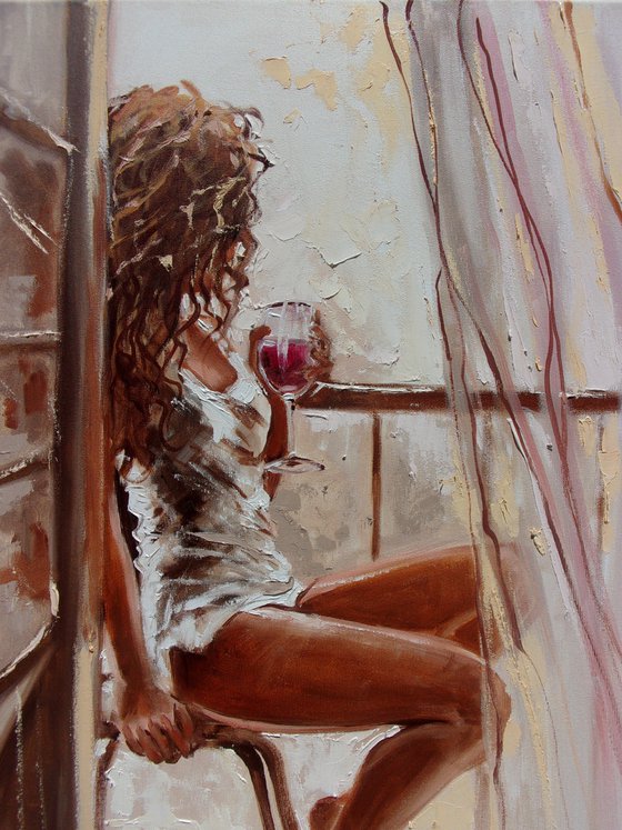 " MY DAY ...  "  red wine original painting wind romantic palette knife GIFT