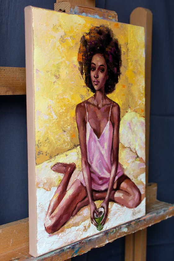 BLACK COFFEE - Intimate Morning Scene: Hand-painted Beautiful Black Girl Enjoying Morning Coffee in Her Bedroom in Soft Morning Light
