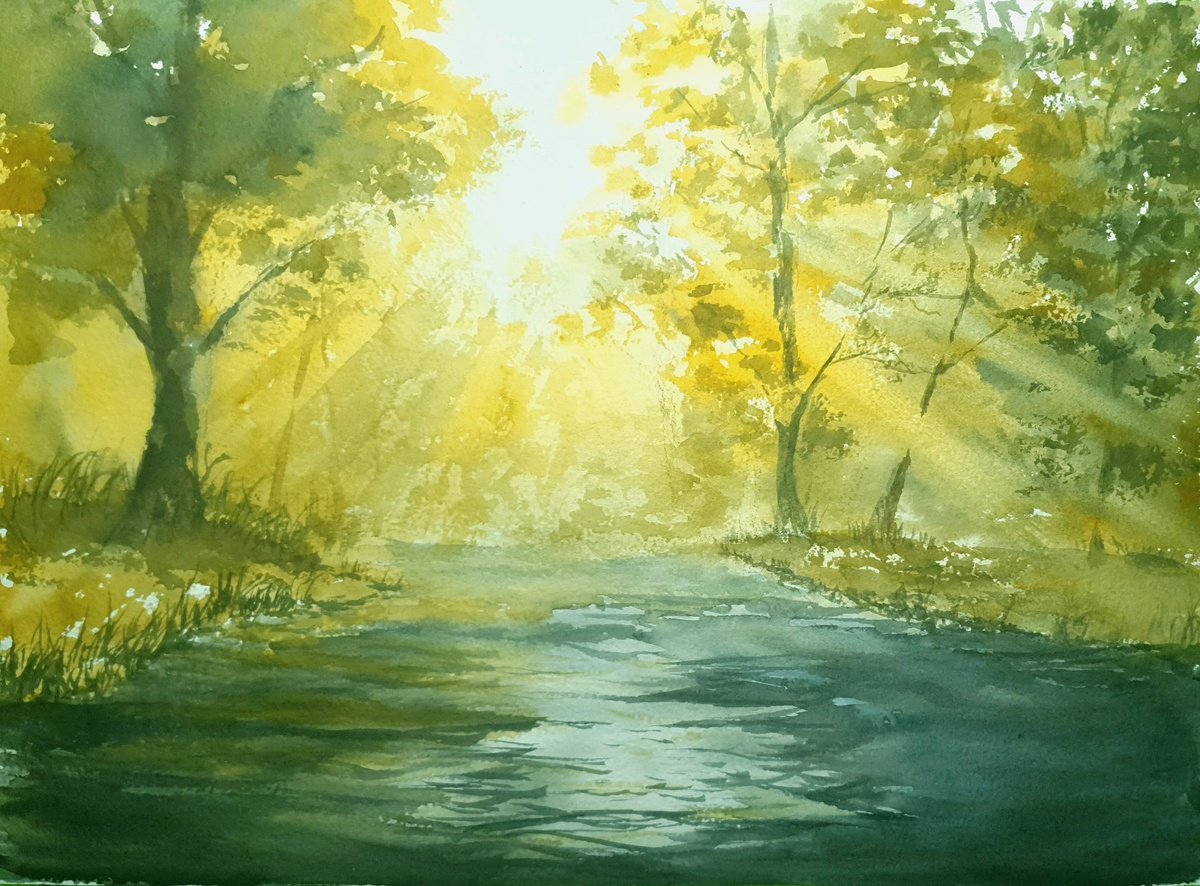 Impressionistic Watercolour , Woodland River Sunburst By Charles Pierson, 15 X 11, Artwork For Sale On Artfinder