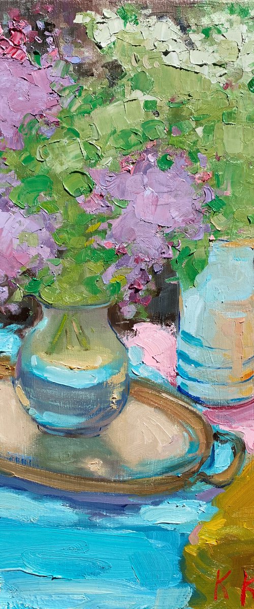 Still life with lilacs and bird cherry by Katerina Kovalova