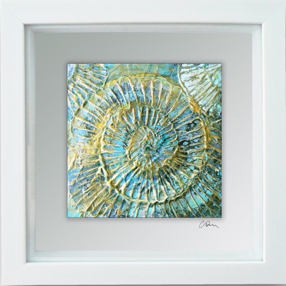 Fossil #4 (ammonite textured painting with gold highlights ) Framed ready to hang original