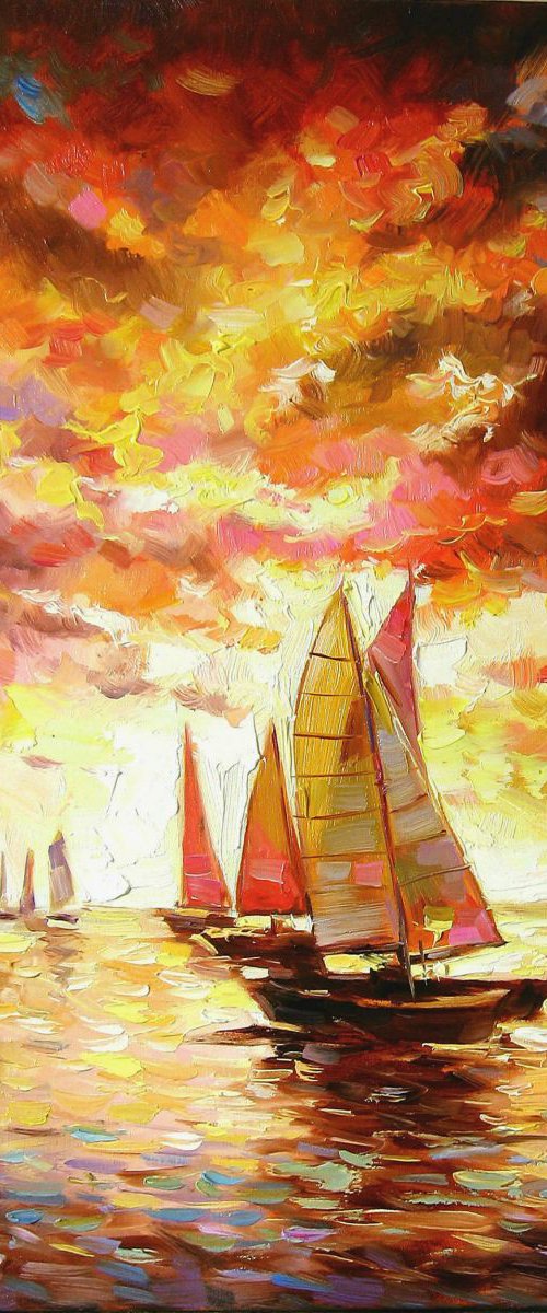 Sailboats on the sea. Flaming evening by Vladimir Lutsevich