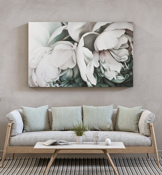 "Tender peonies 2" White flower oil art