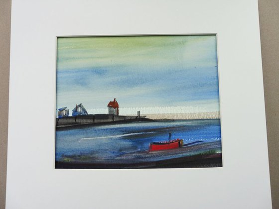 RED BOAT HARBOUR CEMAES BAY ANGLESEY. Original watercolour with mount (mat).