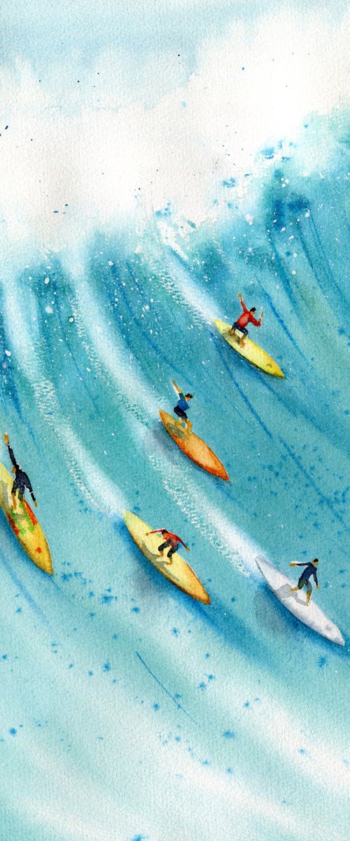 Surfers caught the wave. Bright summer watercolor. Original artwork. by Evgeniya Mokeeva