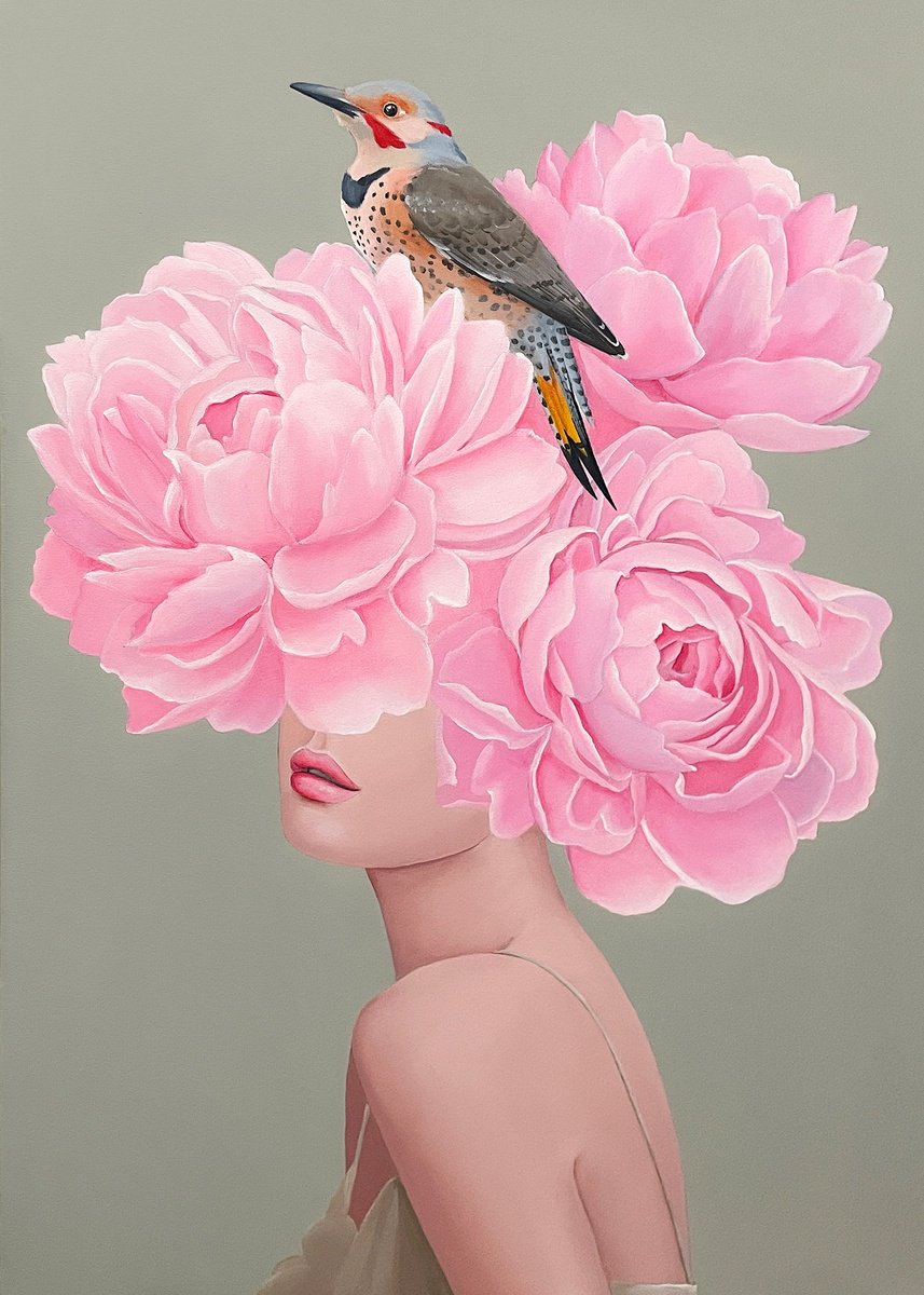 Girl with a bird and peonies by Elina Zelena