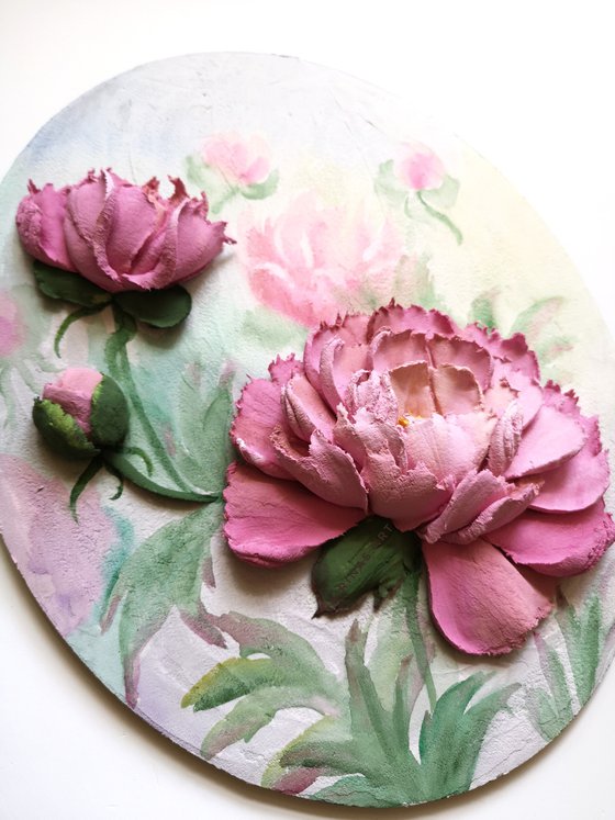 Peonies sculpture painting - bright 3d landscape on an oval panel, 26x32x5 cm