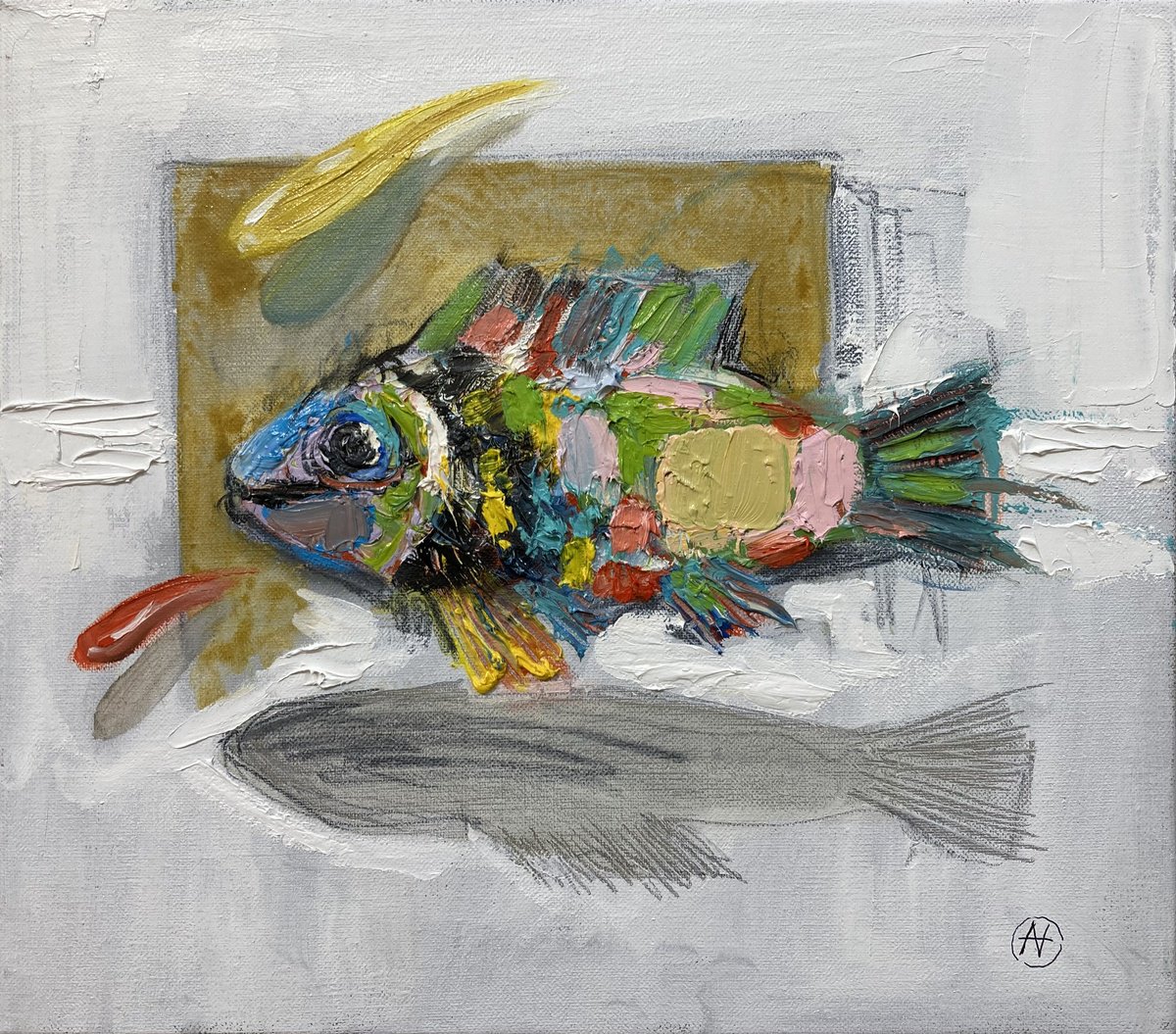 Abstract Animal Oil Painting By Arman Hayrapetyan, 13 X 12, Fish Out Of Form, Original Artwork