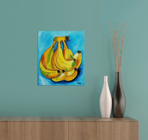 Bananas on  turquoise  Still life. Palette knife painting on linen canvas