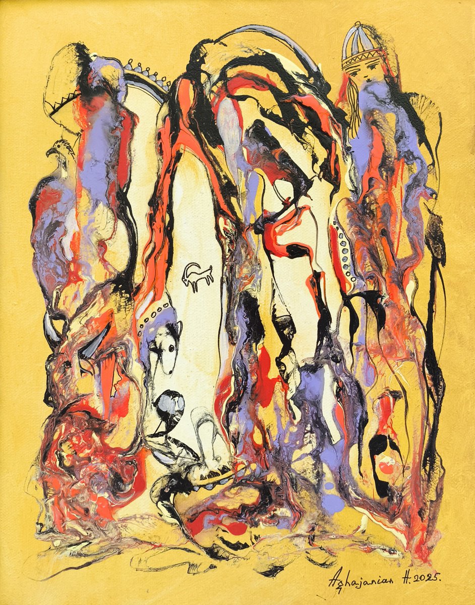 Abstract Portrait Oil Painting By Harutyun Aghajanyan, 12 X 16, Symbols In Fire And Gold, Original Artwork