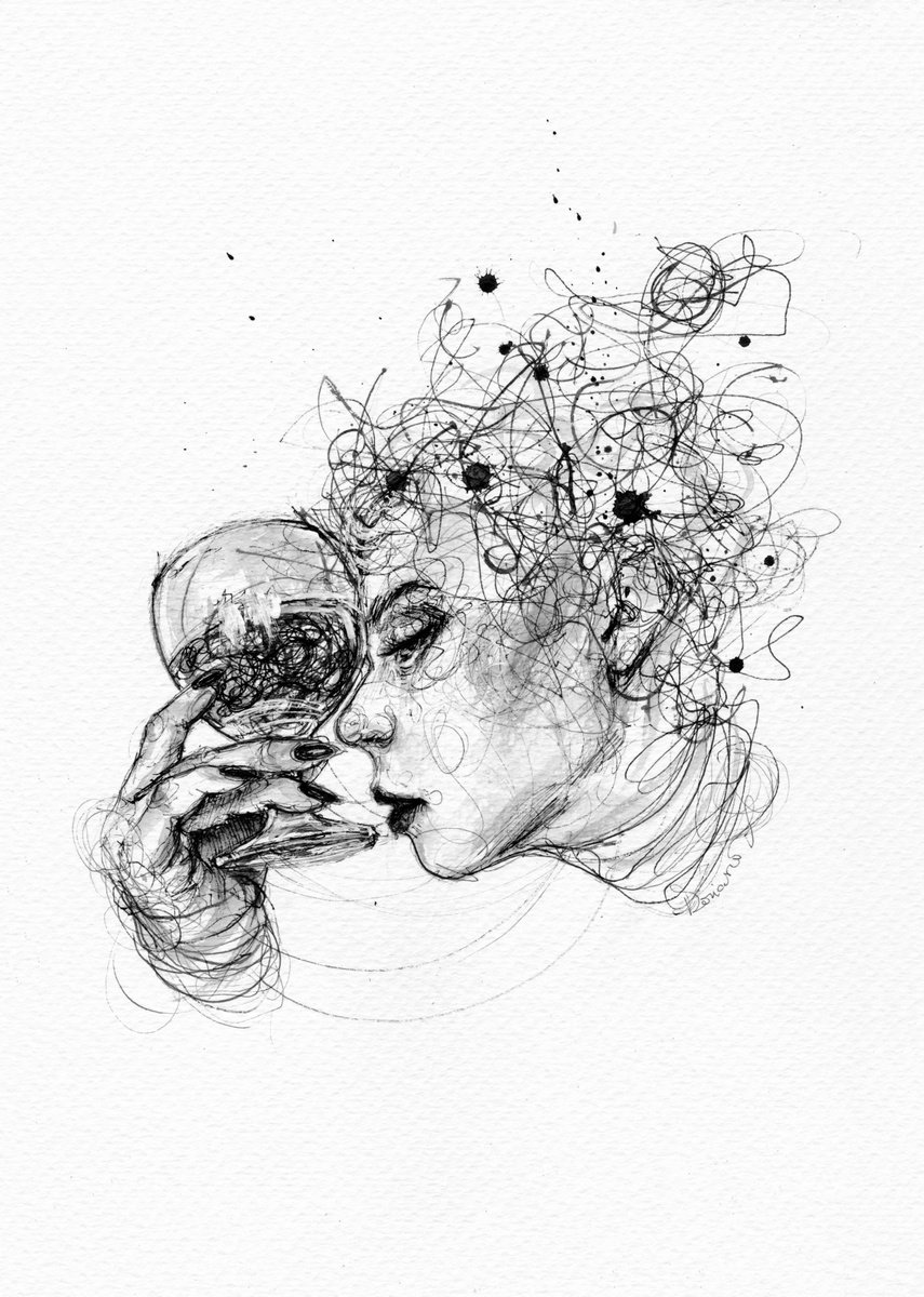 Expressive Portrait Ink Drawing By Doriana Popa, 8 X 12, Fuzzy, Original Artwork