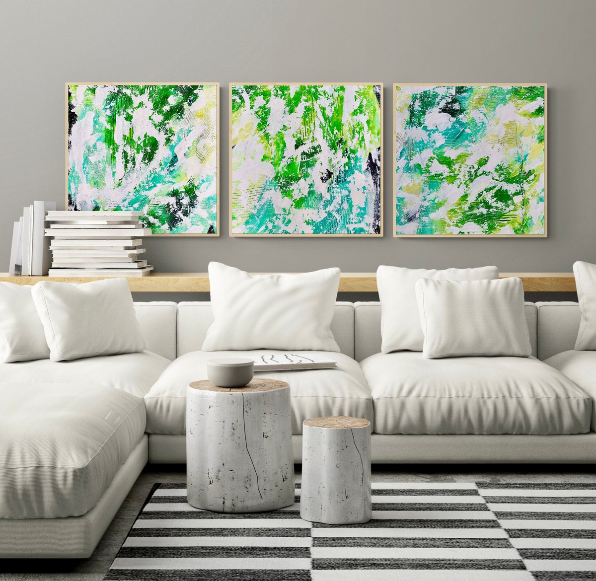 Abstract Acrylic Painting By Anita Kaufmann, 59 X 20, Abstract 6422 Green White #3, Original Artwork