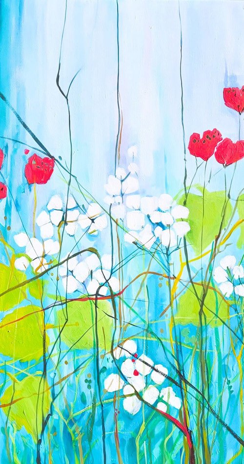 Red field poppies, blue red white abstraction by V+V Kniazievi