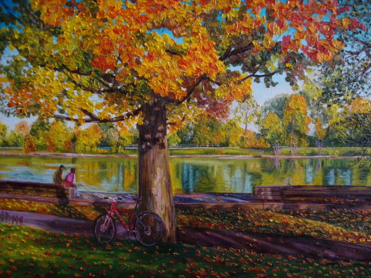 Impressionistic Landscape Oil Painting By Olga Knezevic, 20 X 16", In The Autumn, Original Artwork