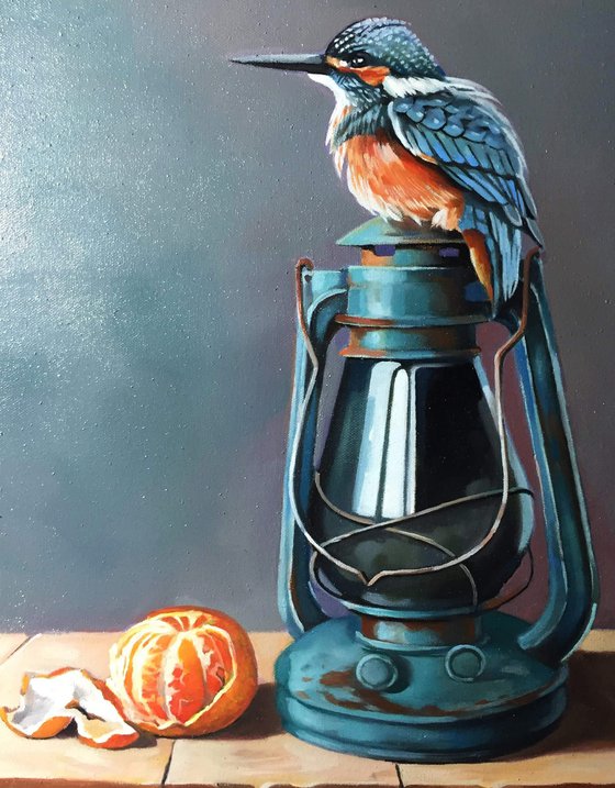 Still life with bird and Mandarin(24x30cm, oil painting, ready to hang)