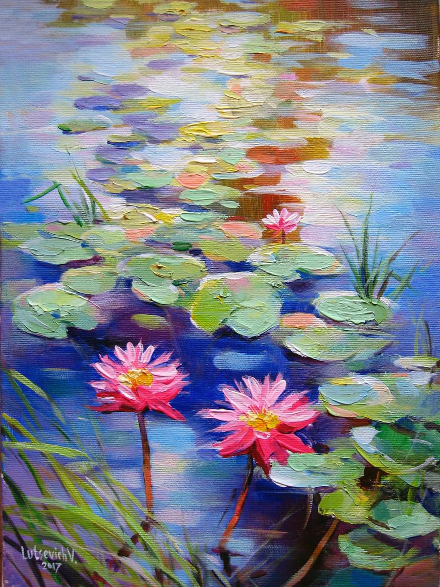 Impressionistic Botanical Acrylic Painting By Vladimir Lutsevich, 10 X 14", Sketch Water Lilies, Original Artwork